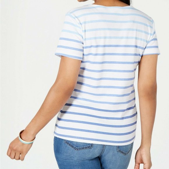 Karen Scott Floral Stripe T-Shirt Intrepid Blue Pl - Picture 2 of 2